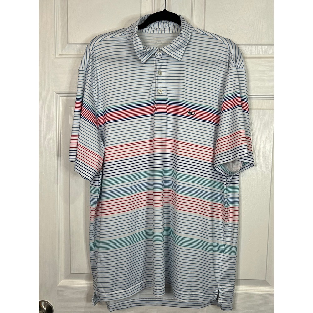 Vineyard Vines Polo Shirt Mens White Multi Stripe On-The-Go Sankaty - L